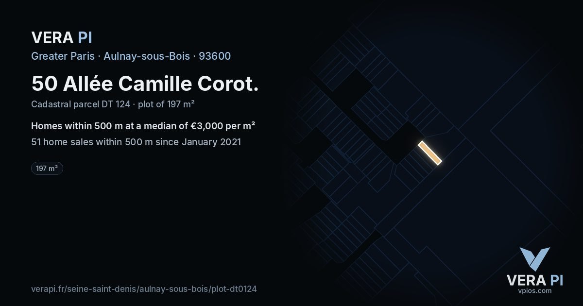 50 Allée Camille Corot, Aulnay-sous-Bois at night – the plot lit, the parcels around coloured by the prices near them