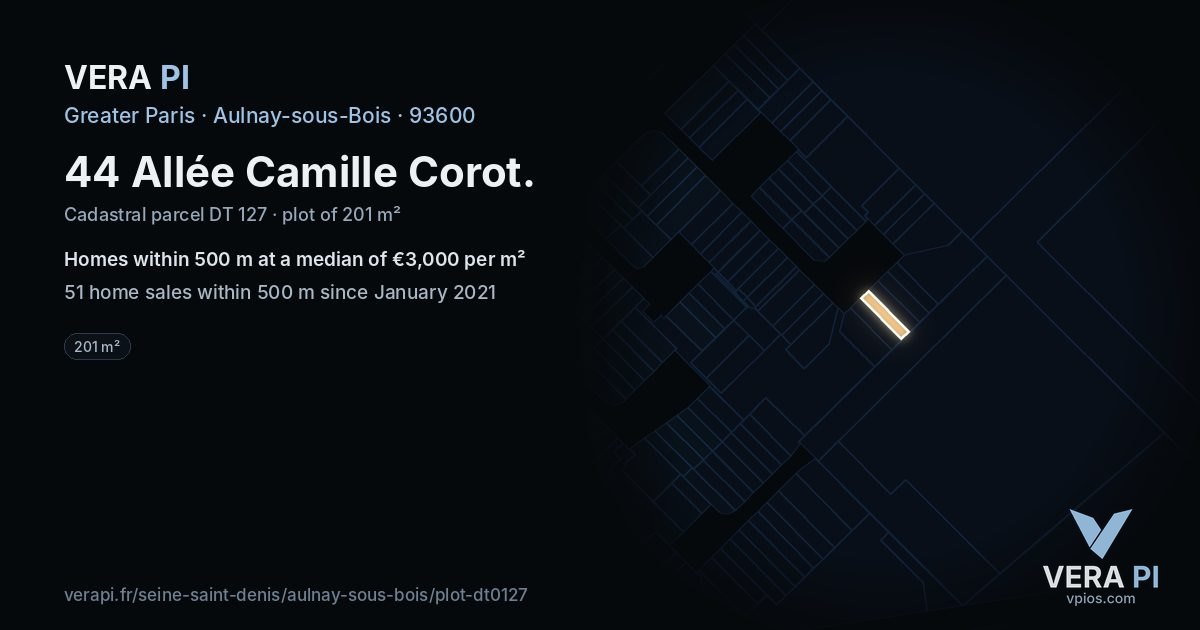 44 Allée Camille Corot, Aulnay-sous-Bois at night – the plot lit, the parcels around coloured by the prices near them