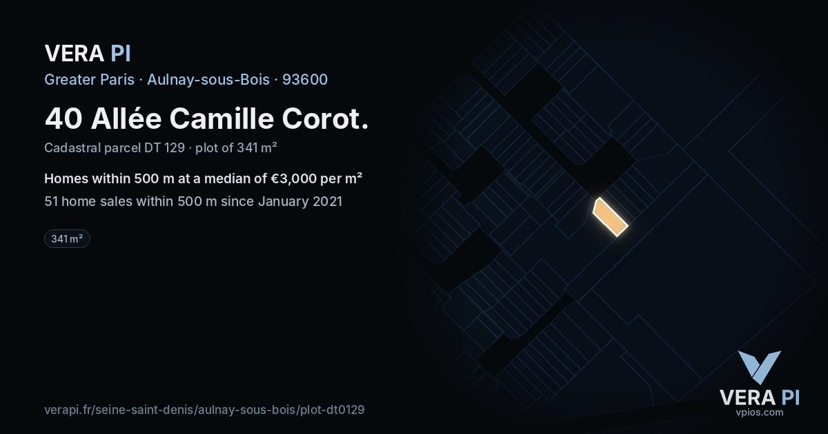 40 Allée Camille Corot, Aulnay-sous-Bois at night – the plot lit, the parcels around coloured by the prices near them