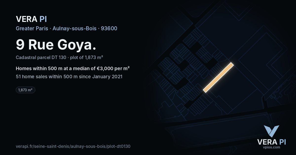 9 Rue Goya, Aulnay-sous-Bois at night – the plot lit, the parcels around coloured by the prices near them