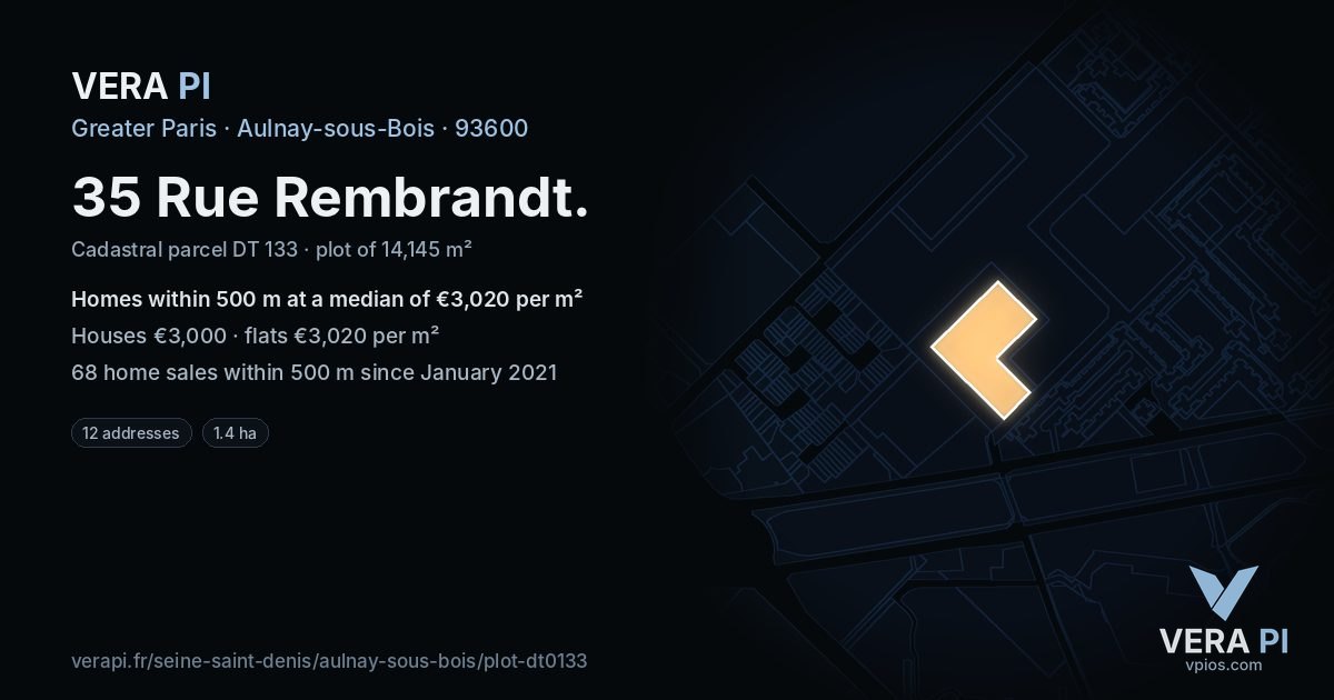35 Rue Rembrandt, Aulnay-sous-Bois at night – the plot lit, the parcels around coloured by the prices near them