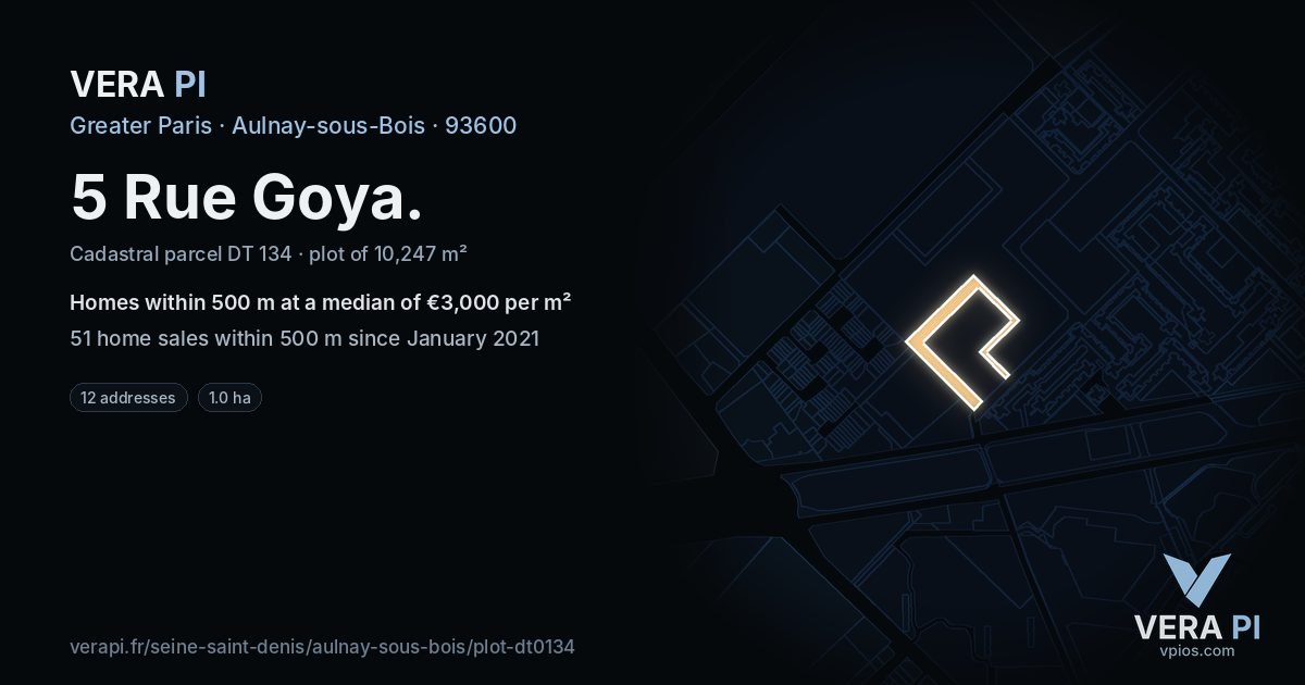 5 Rue Goya, Aulnay-sous-Bois at night – the plot lit, the parcels around coloured by the prices near them