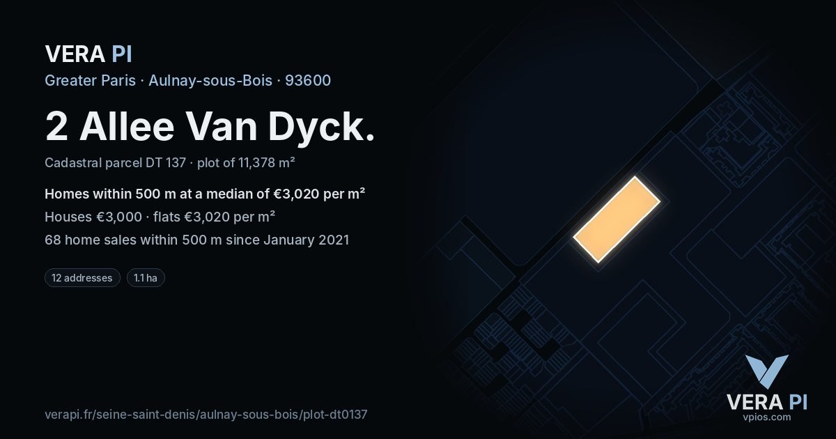 2 Allee Van Dyck, Aulnay-sous-Bois at night – the plot lit, the parcels around coloured by the prices near them