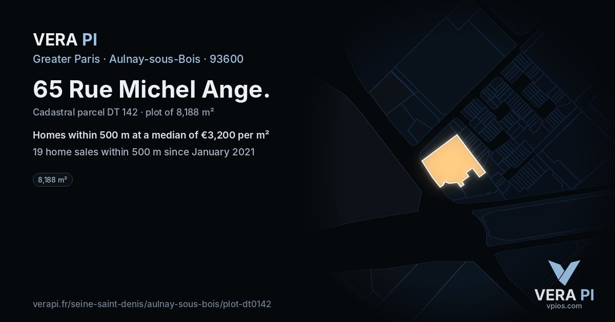 65 Rue Michel Ange, Aulnay-sous-Bois at night – the plot lit, the parcels around coloured by the prices near them