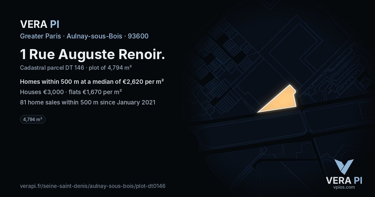 1 Rue Auguste Renoir, Aulnay-sous-Bois at night – the plot lit, the parcels around coloured by the prices near them