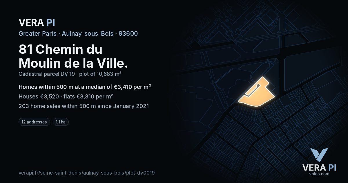 81 Chemin du Moulin de la Ville, Aulnay-sous-Bois at night – the plot lit, the parcels around coloured by the prices near them