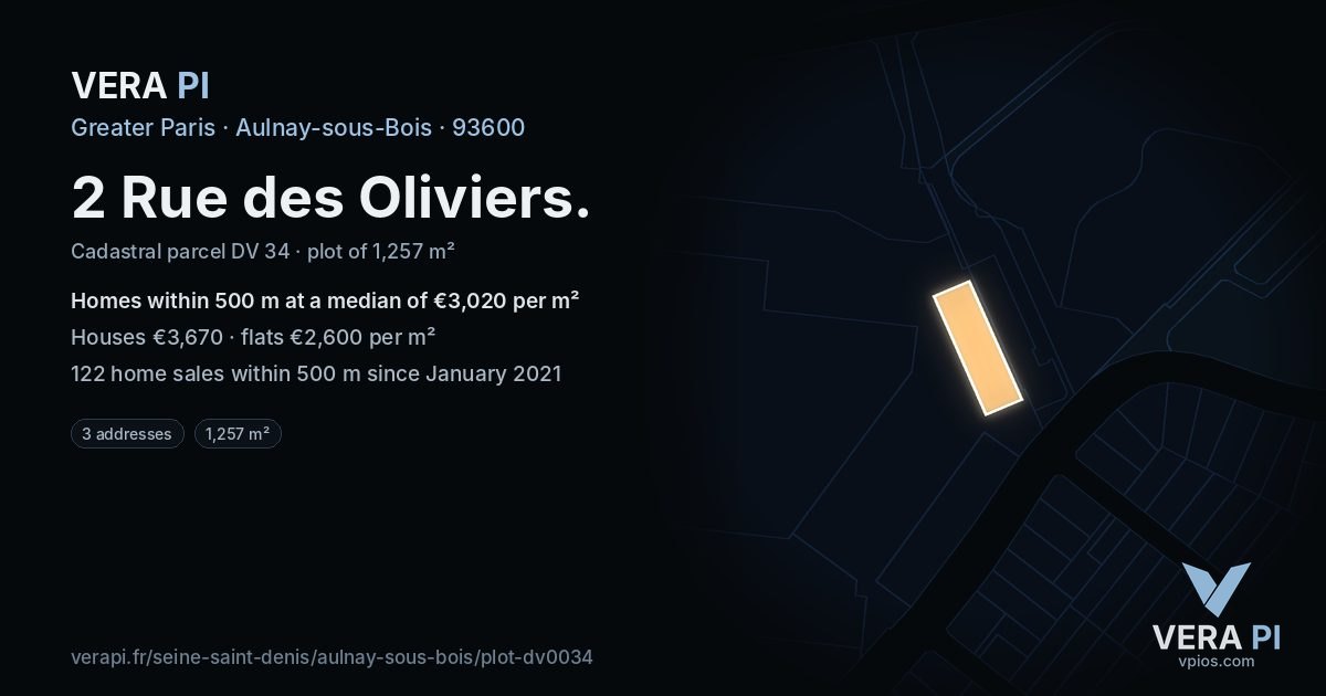 2 Rue des Oliviers, Aulnay-sous-Bois at night – the plot lit, the parcels around coloured by the prices near them