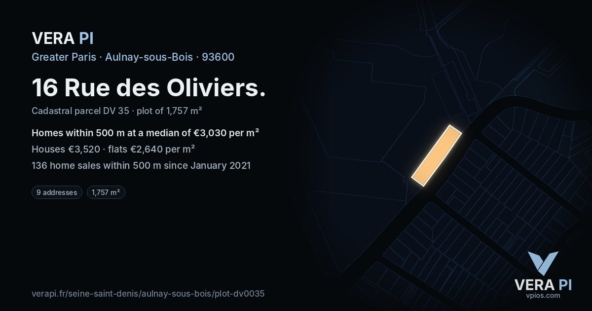 16 Rue des Oliviers, Aulnay-sous-Bois at night – the plot lit, the parcels around coloured by the prices near them