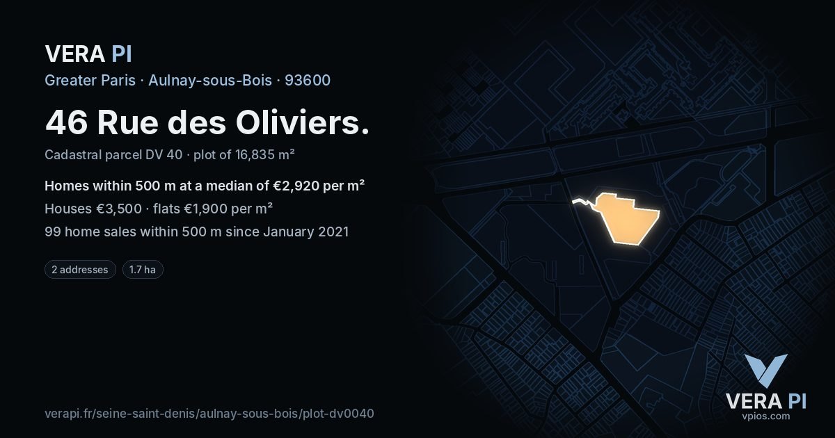 46 Rue des Oliviers, Aulnay-sous-Bois at night – the plot lit, the parcels around coloured by the prices near them