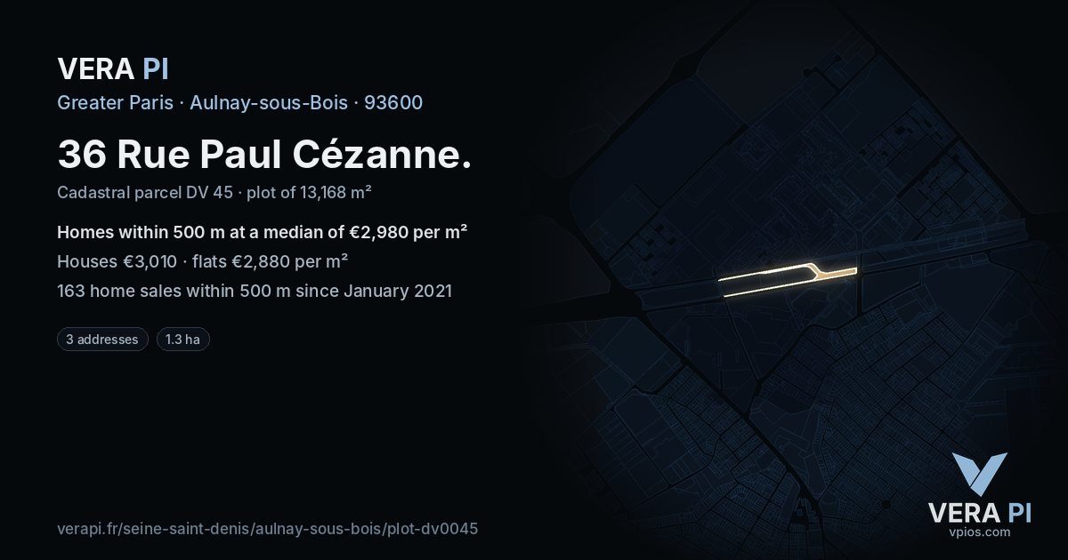 36 Rue Paul Cézanne, Aulnay-sous-Bois at night – the plot lit, the parcels around coloured by the prices near them