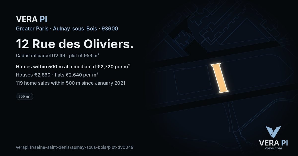 12 Rue des Oliviers, Aulnay-sous-Bois at night – the plot lit, the parcels around coloured by the prices near them