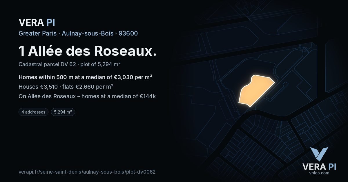1 Allée des Roseaux, Aulnay-sous-Bois at night – the plot lit, the parcels around coloured by the prices near them