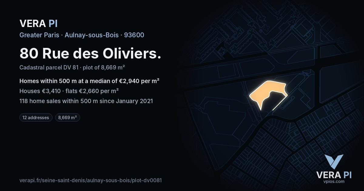 80 Rue des Oliviers, Aulnay-sous-Bois at night – the plot lit, the parcels around coloured by the prices near them