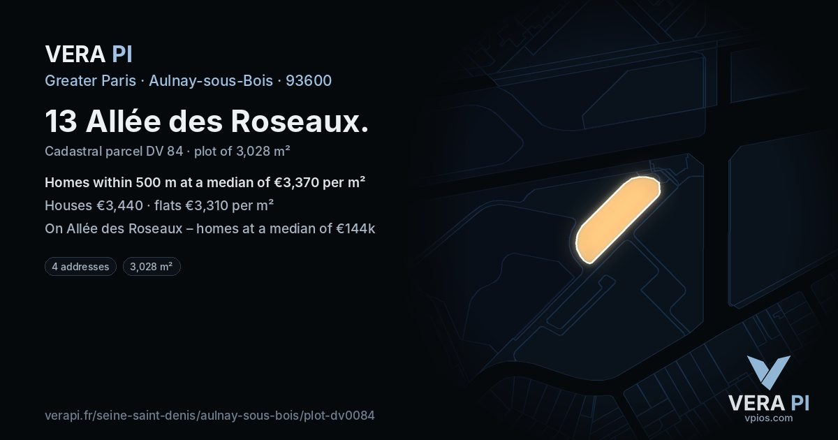 13 Allée des Roseaux, Aulnay-sous-Bois at night – the plot lit, the parcels around coloured by the prices near them
