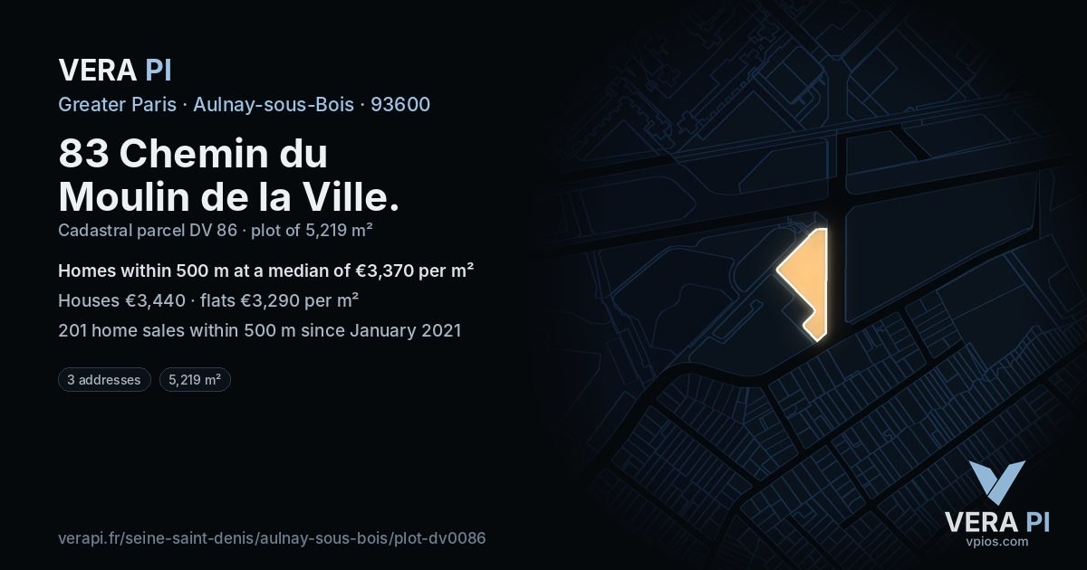 83 Chemin du Moulin de la Ville, Aulnay-sous-Bois at night – the plot lit, the parcels around coloured by the prices near them