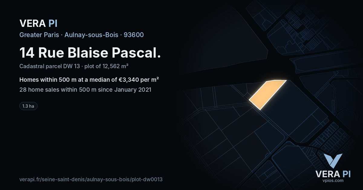 14 Rue Blaise Pascal, Aulnay-sous-Bois at night – the plot lit, the parcels around coloured by the prices near them