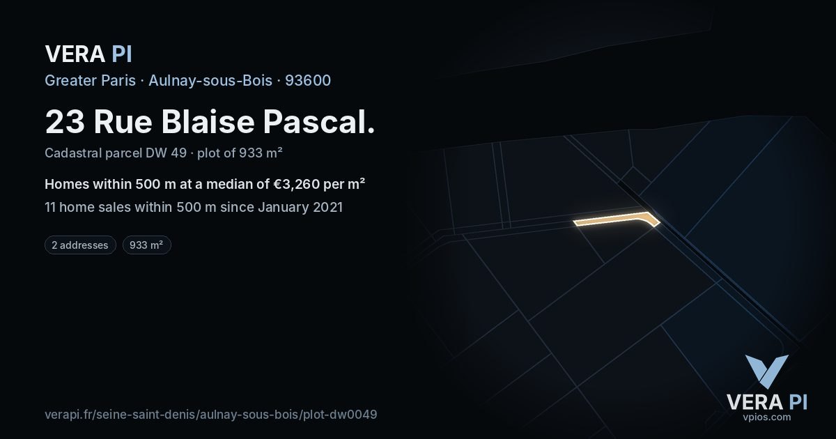 23 Rue Blaise Pascal, Aulnay-sous-Bois at night – the plot lit, the parcels around coloured by the prices near them
