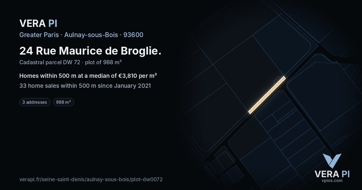 24 Rue Maurice de Broglie, Aulnay-sous-Bois at night – the plot lit, the parcels around coloured by the prices near them