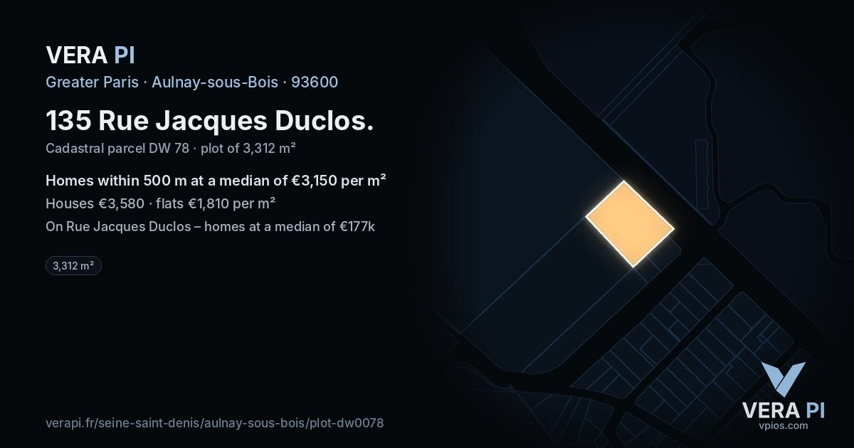 135 Rue Jacques Duclos, Aulnay-sous-Bois at night – the plot lit, the parcels around coloured by the prices near them