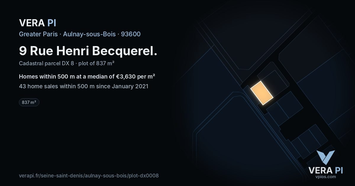 9 Rue Henri Becquerel, Aulnay-sous-Bois at night – the plot lit, the parcels around coloured by the prices near them