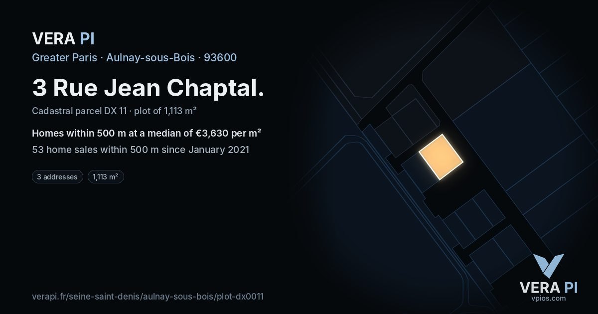 3 Rue Jean Chaptal, Aulnay-sous-Bois at night – the plot lit, the parcels around coloured by the prices near them