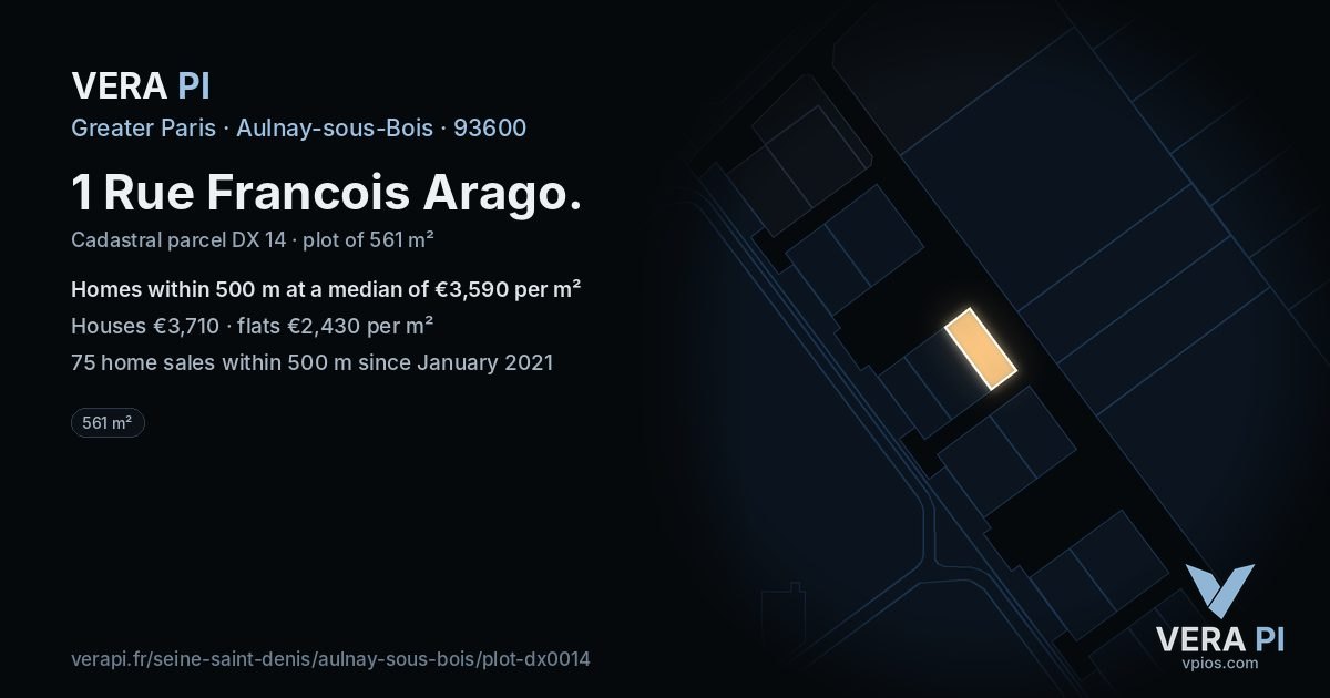 1 Rue Francois Arago, Aulnay-sous-Bois at night – the plot lit, the parcels around coloured by the prices near them