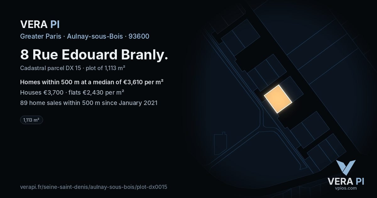 8 Rue Edouard Branly, Aulnay-sous-Bois at night – the plot lit, the parcels around coloured by the prices near them