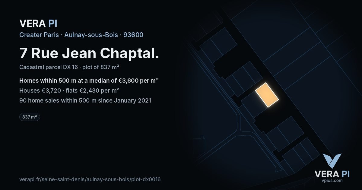 7 Rue Jean Chaptal, Aulnay-sous-Bois at night – the plot lit, the parcels around coloured by the prices near them