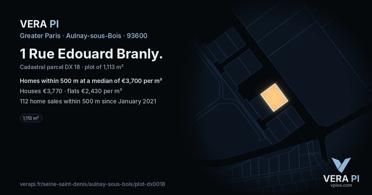 1 Rue Edouard Branly, Aulnay-sous-Bois at night – the plot lit, the parcels around coloured by the prices near them