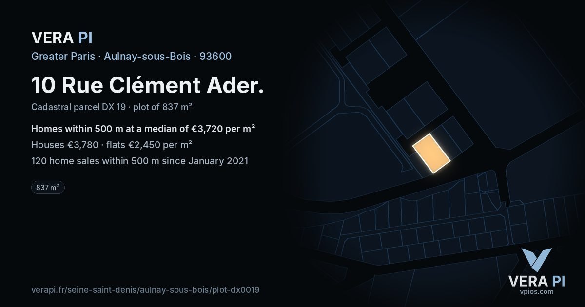 10 Rue Clément Ader, Aulnay-sous-Bois at night – the plot lit, the parcels around coloured by the prices near them