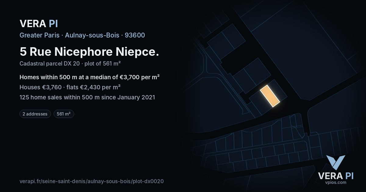 5 Rue Nicephore Niepce, Aulnay-sous-Bois at night – the plot lit, the parcels around coloured by the prices near them