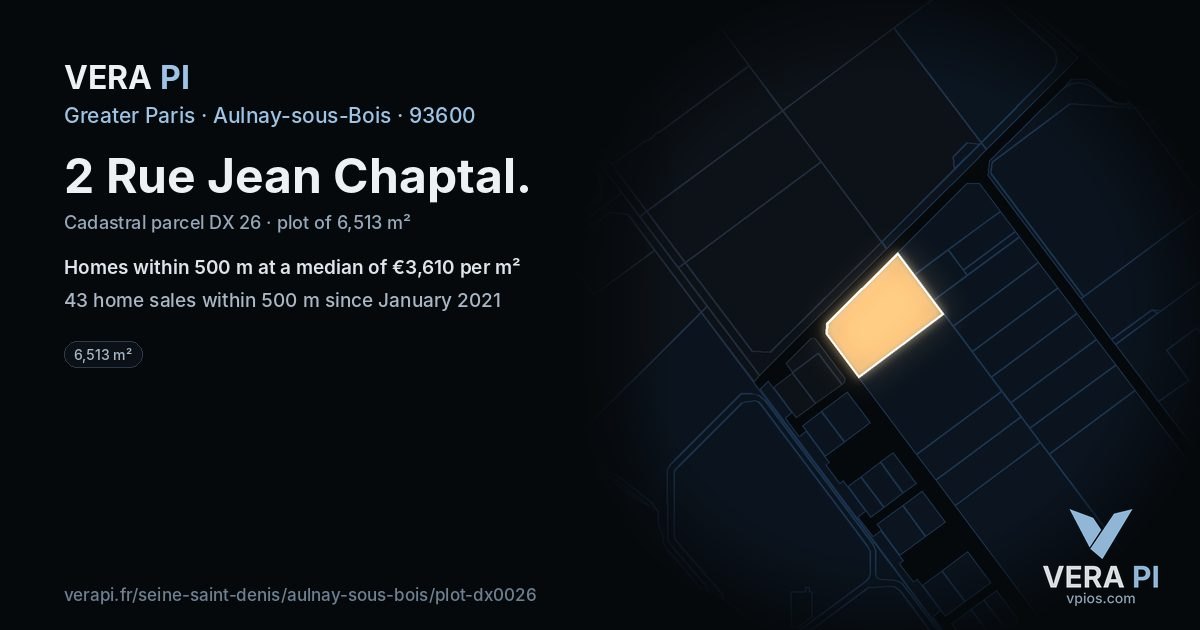 2 Rue Jean Chaptal, Aulnay-sous-Bois at night – the plot lit, the parcels around coloured by the prices near them