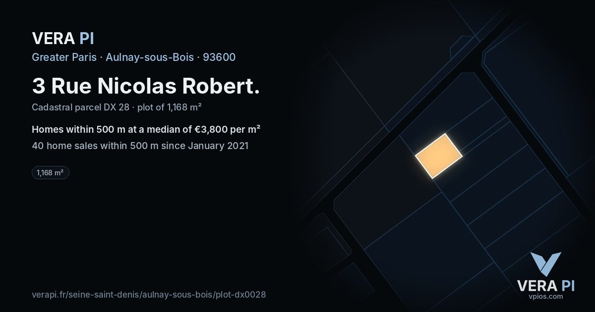 3 Rue Nicolas Robert, Aulnay-sous-Bois at night – the plot lit, the parcels around coloured by the prices near them