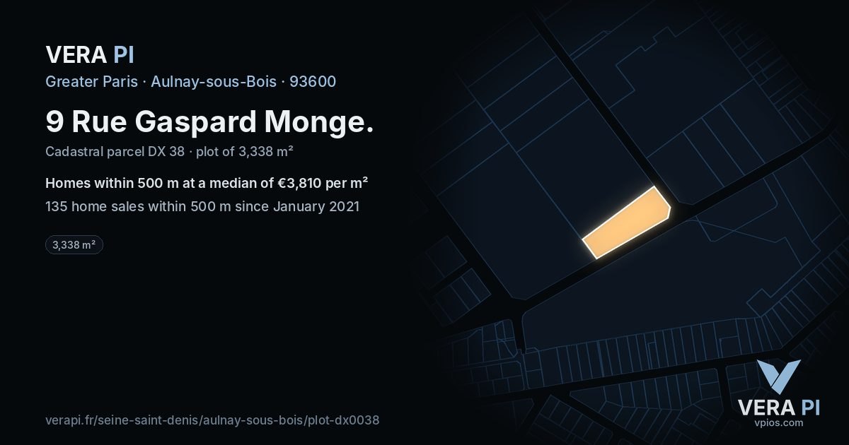 9 Rue Gaspard Monge, Aulnay-sous-Bois at night – the plot lit, the parcels around coloured by the prices near them