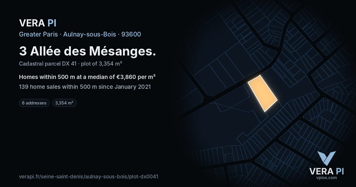 3 Allée des Mésanges, Aulnay-sous-Bois at night – the plot lit, the parcels around coloured by the prices near them