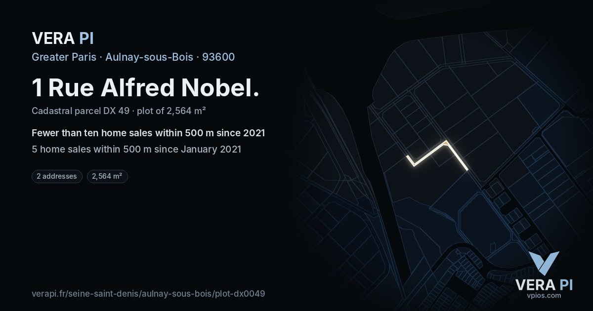 1 Rue Alfred Nobel, Aulnay-sous-Bois at night – the plot lit, the parcels around coloured by the prices near them