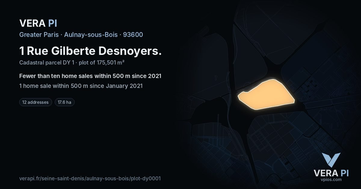1 Rue Gilberte Desnoyers, Aulnay-sous-Bois at night – the plot lit, the parcels around coloured by the prices near them