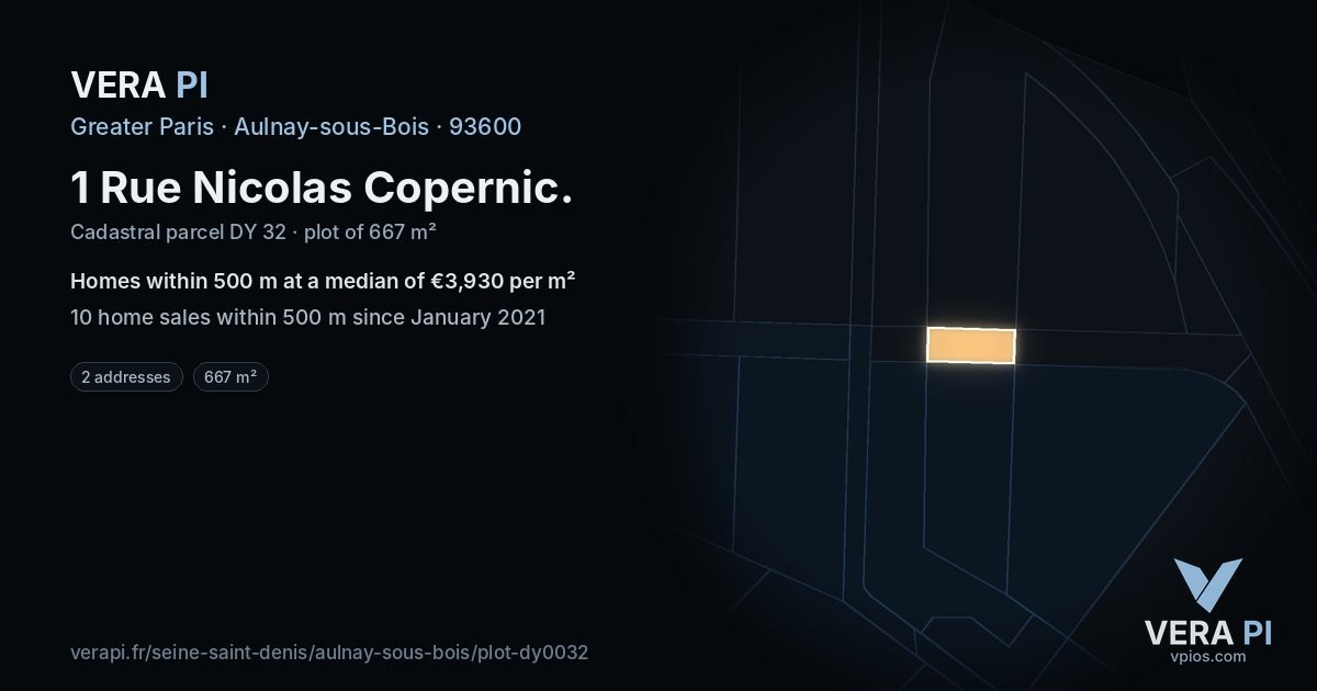 1 Rue Nicolas Copernic, Aulnay-sous-Bois at night – the plot lit, the parcels around coloured by the prices near them