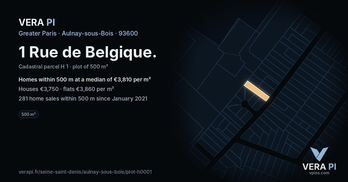 1 Rue de Belgique, Aulnay-sous-Bois at night – the plot lit, the parcels around coloured by the prices near them