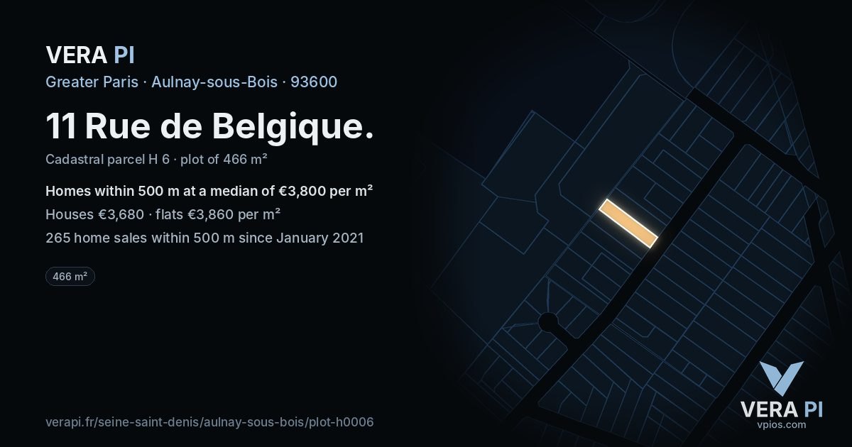 11 Rue de Belgique, Aulnay-sous-Bois at night – the plot lit, the parcels around coloured by the prices near them