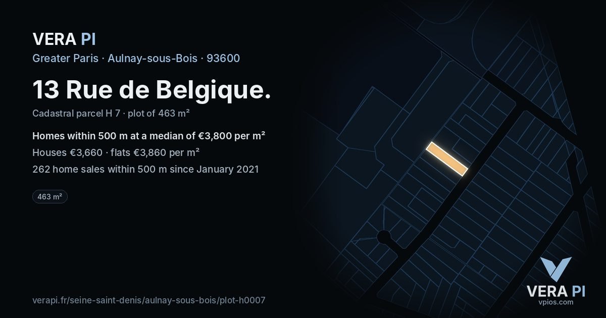13 Rue de Belgique, Aulnay-sous-Bois at night – the plot lit, the parcels around coloured by the prices near them
