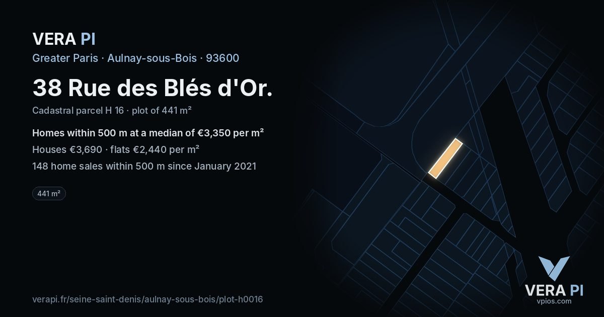 38 Rue des Blés d'Or, Aulnay-sous-Bois at night – the plot lit, the parcels around coloured by the prices near them
