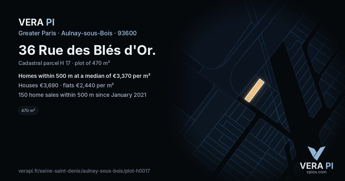 36 Rue des Blés d'Or, Aulnay-sous-Bois at night – the plot lit, the parcels around coloured by the prices near them