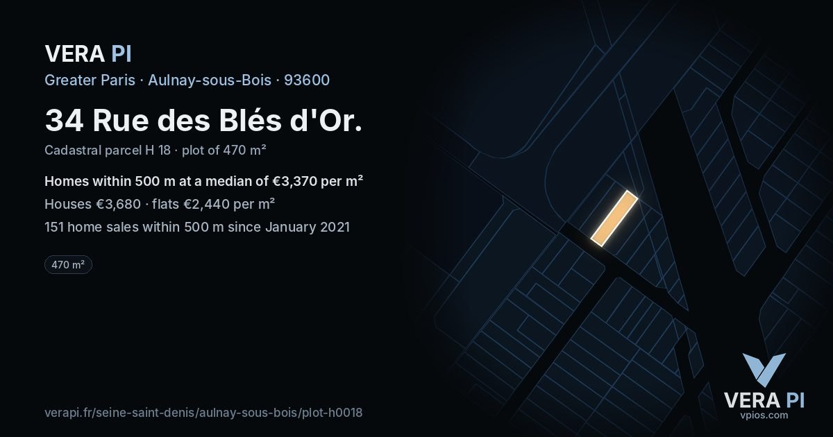 34 Rue des Blés d'Or, Aulnay-sous-Bois at night – the plot lit, the parcels around coloured by the prices near them