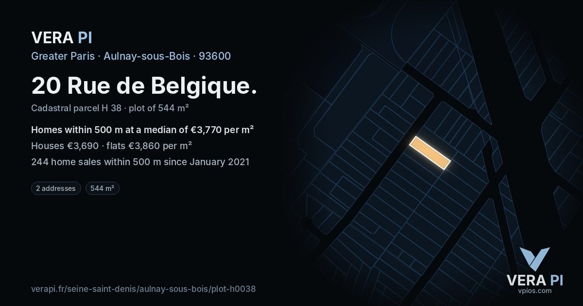 20 Rue de Belgique, Aulnay-sous-Bois at night – the plot lit, the parcels around coloured by the prices near them