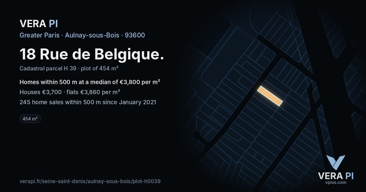 18 Rue de Belgique, Aulnay-sous-Bois at night – the plot lit, the parcels around coloured by the prices near them