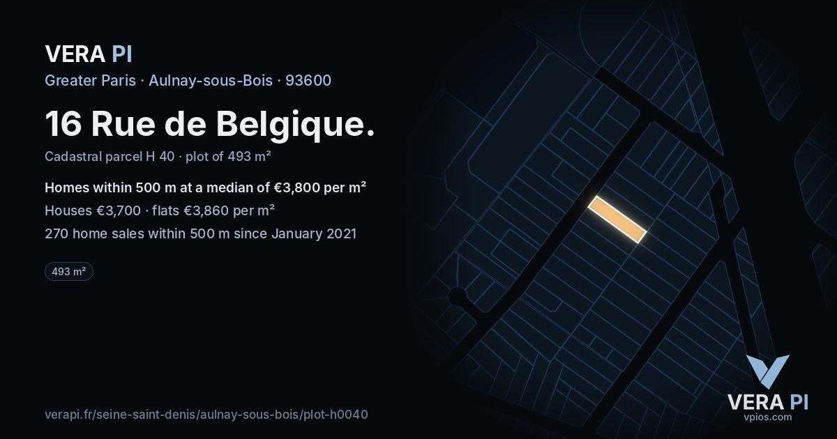 16 Rue de Belgique, Aulnay-sous-Bois at night – the plot lit, the parcels around coloured by the prices near them