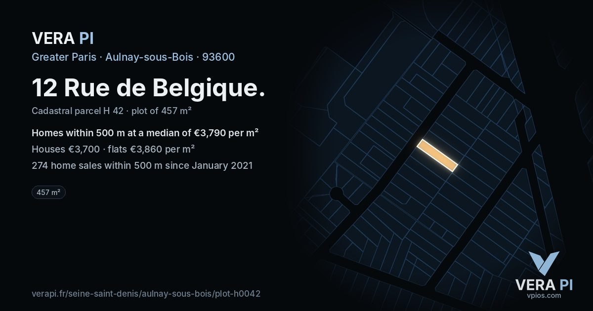 12 Rue de Belgique, Aulnay-sous-Bois at night – the plot lit, the parcels around coloured by the prices near them