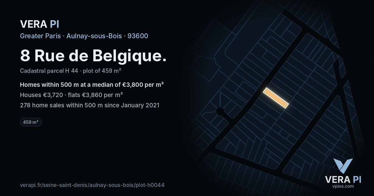 8 Rue de Belgique, Aulnay-sous-Bois at night – the plot lit, the parcels around coloured by the prices near them
