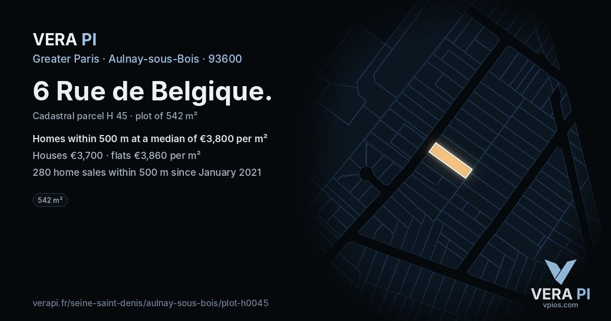 6 Rue de Belgique, Aulnay-sous-Bois at night – the plot lit, the parcels around coloured by the prices near them
